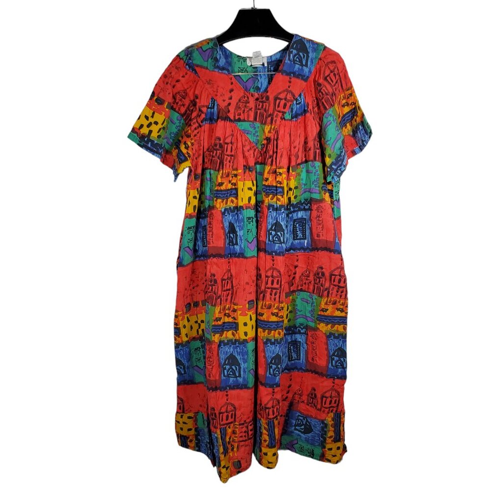 MTB Meant To Be House Dress V-Neck Pueblo Village Print Colorblock Mustached-Man